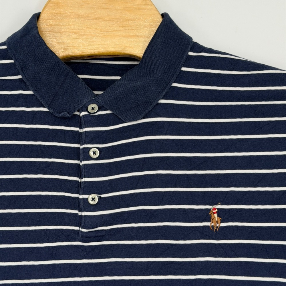 Polo Ralph Lauren Polo Shirt Mens XL Navy Blue Striped Cotton Custom Slim Fit